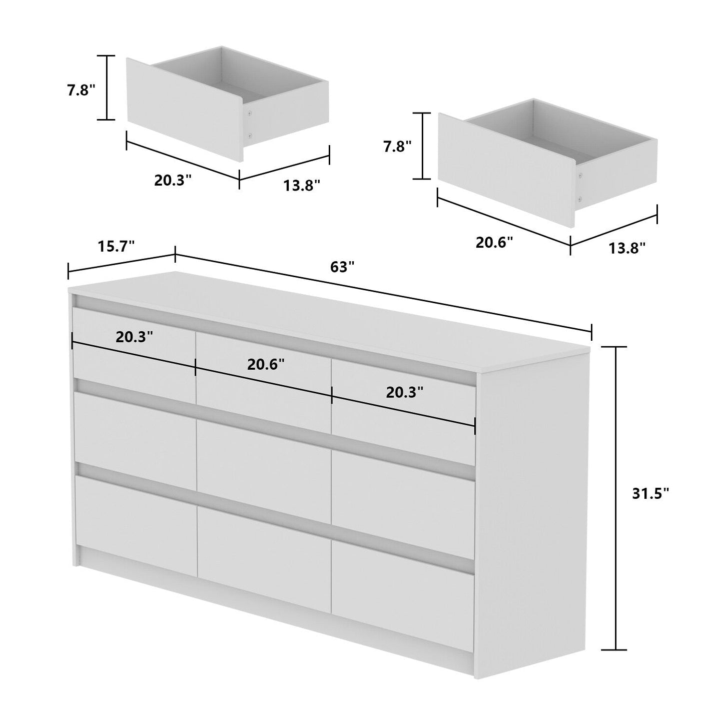 Meuble de rangement à 9 tiroirs, 63W, pour salon ou chambre à coucher.