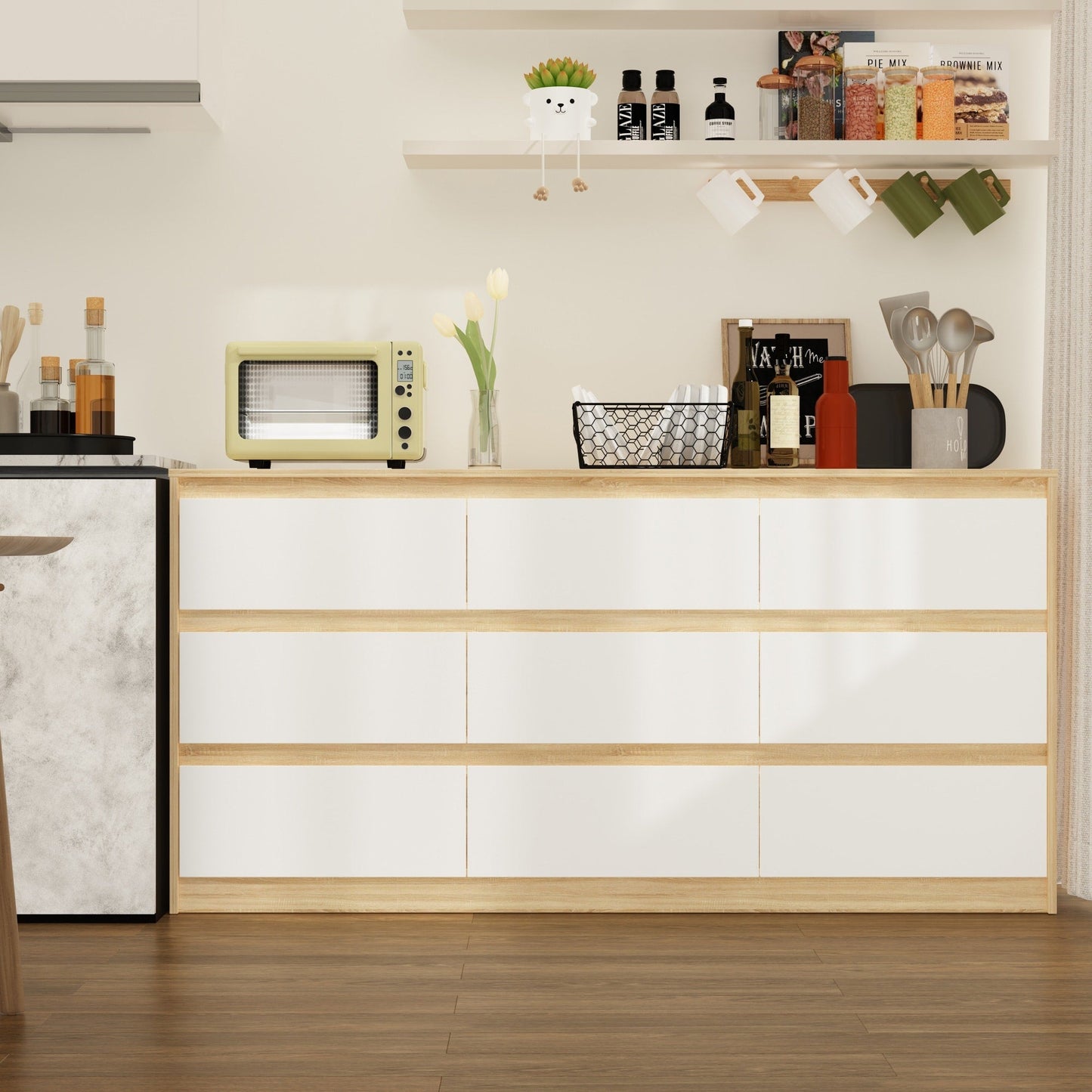 Meuble de rangement à 9 tiroirs, 63W, pour salon ou chambre à coucher.