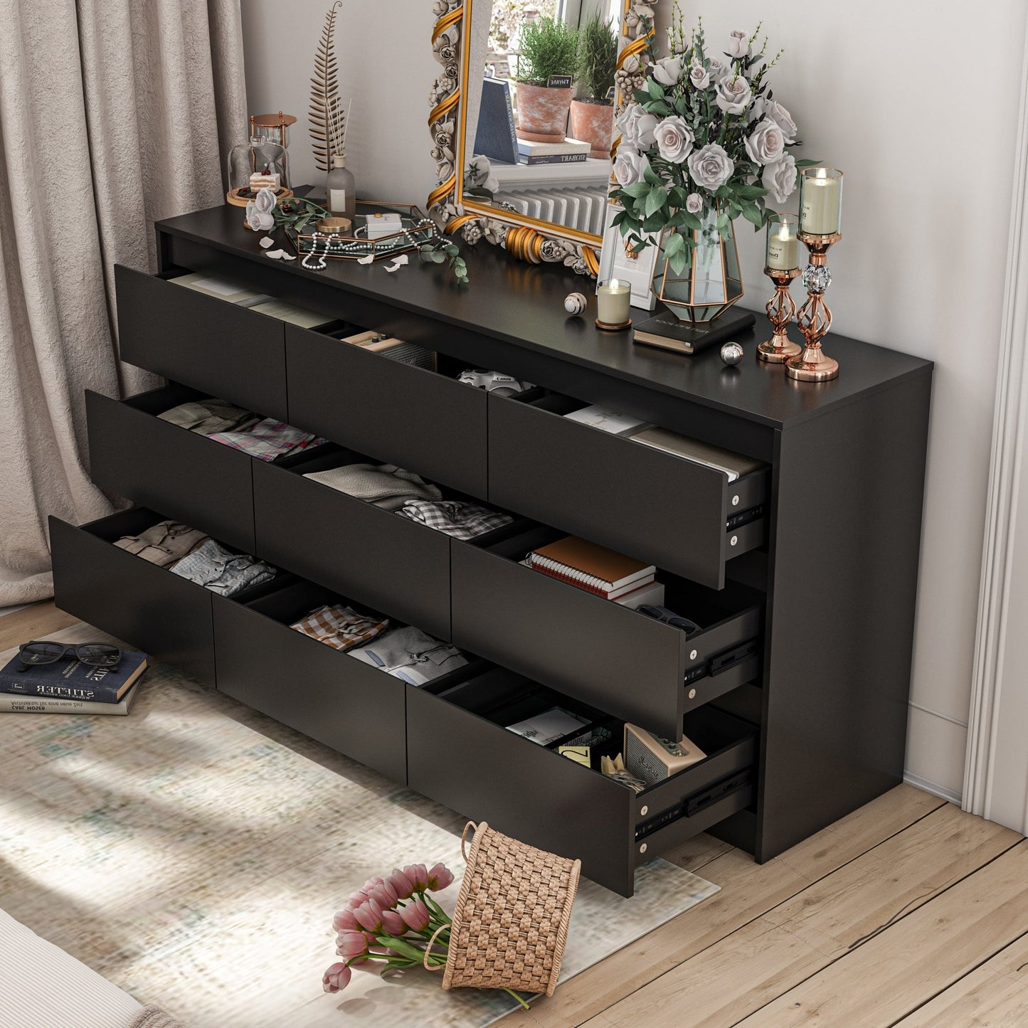 Meuble de rangement à 9 tiroirs, 63W, pour salon ou chambre à coucher.