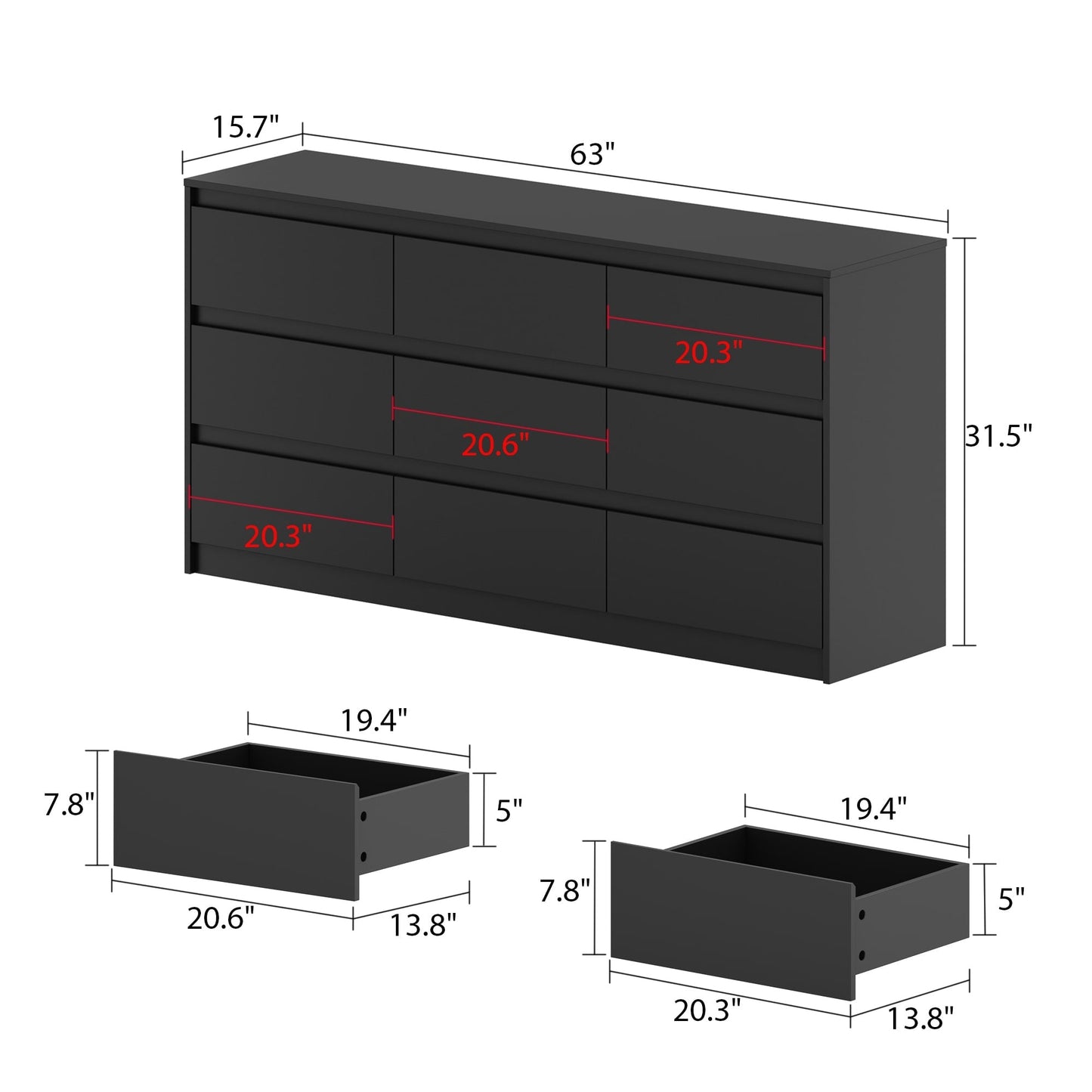 Meuble de rangement à 9 tiroirs, 63W, pour salon ou chambre à coucher.