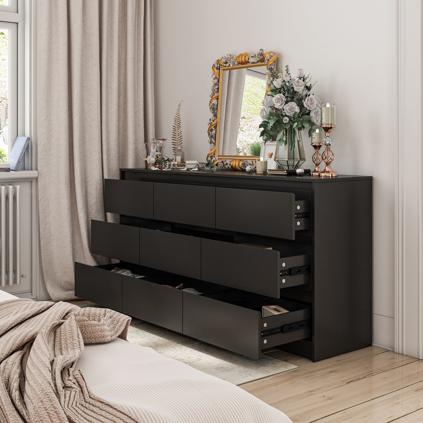 Meuble de rangement à 9 tiroirs, 63W, pour salon ou chambre à coucher.