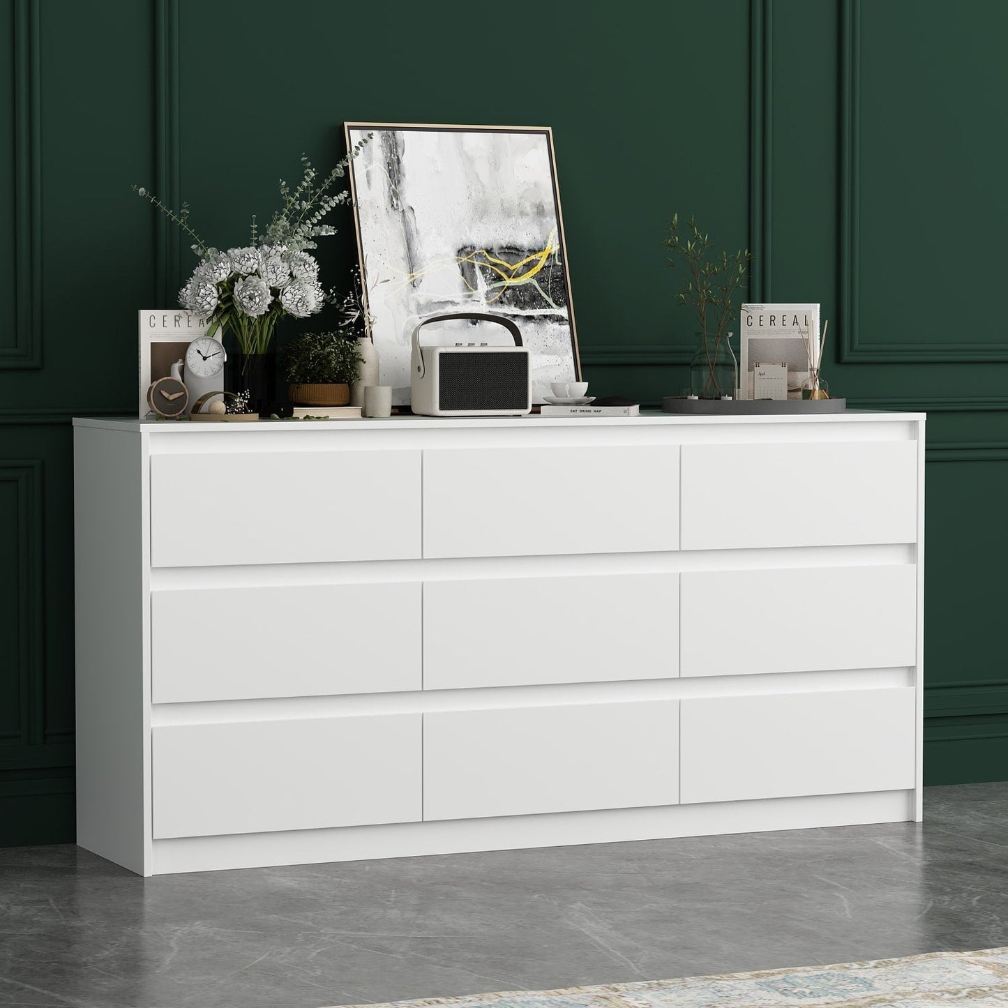 Meuble de rangement à 9 tiroirs, 63W, pour salon ou chambre à coucher.