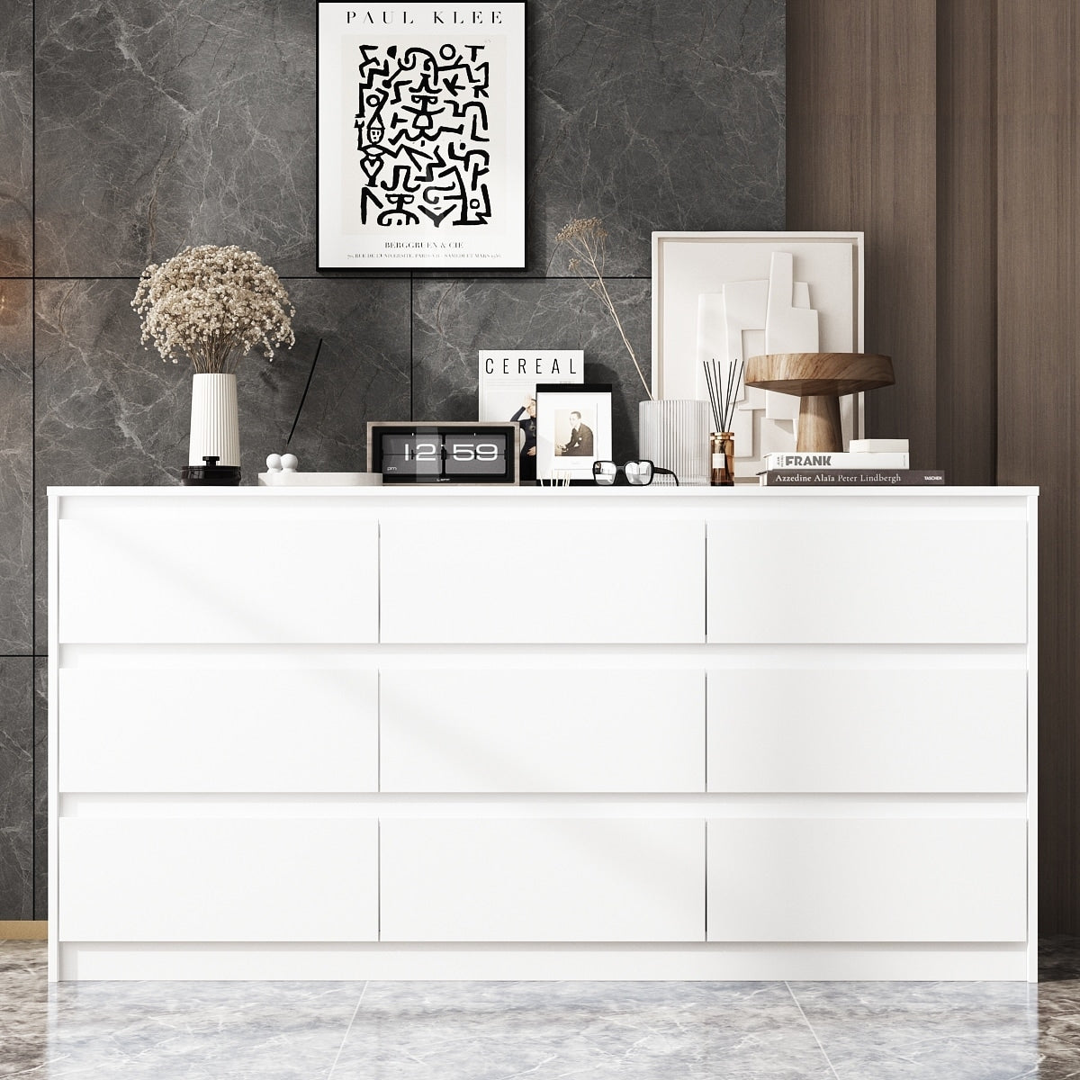 Meuble de rangement à 9 tiroirs, 63W, pour salon ou chambre à coucher.