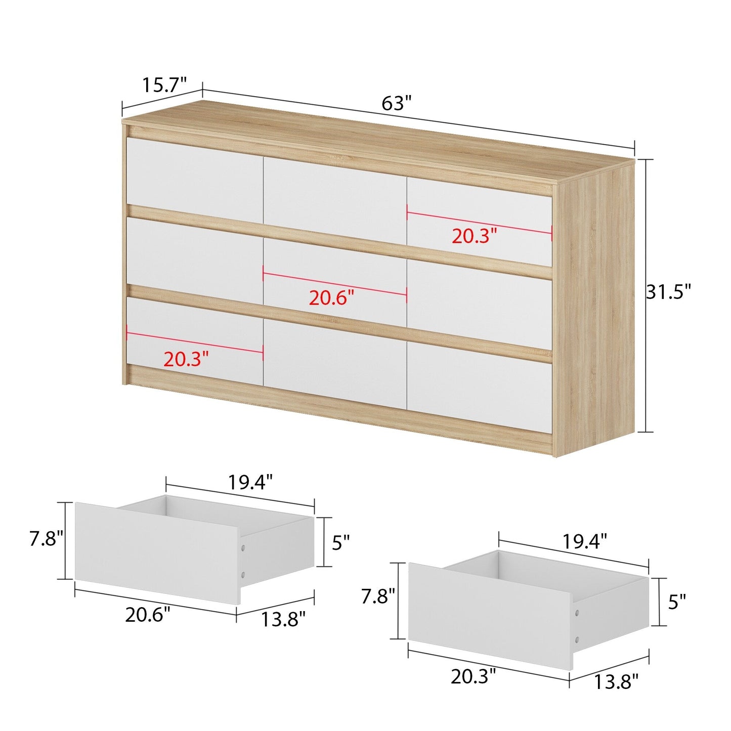 Meuble de rangement à 9 tiroirs, 63W, pour salon ou chambre à coucher.