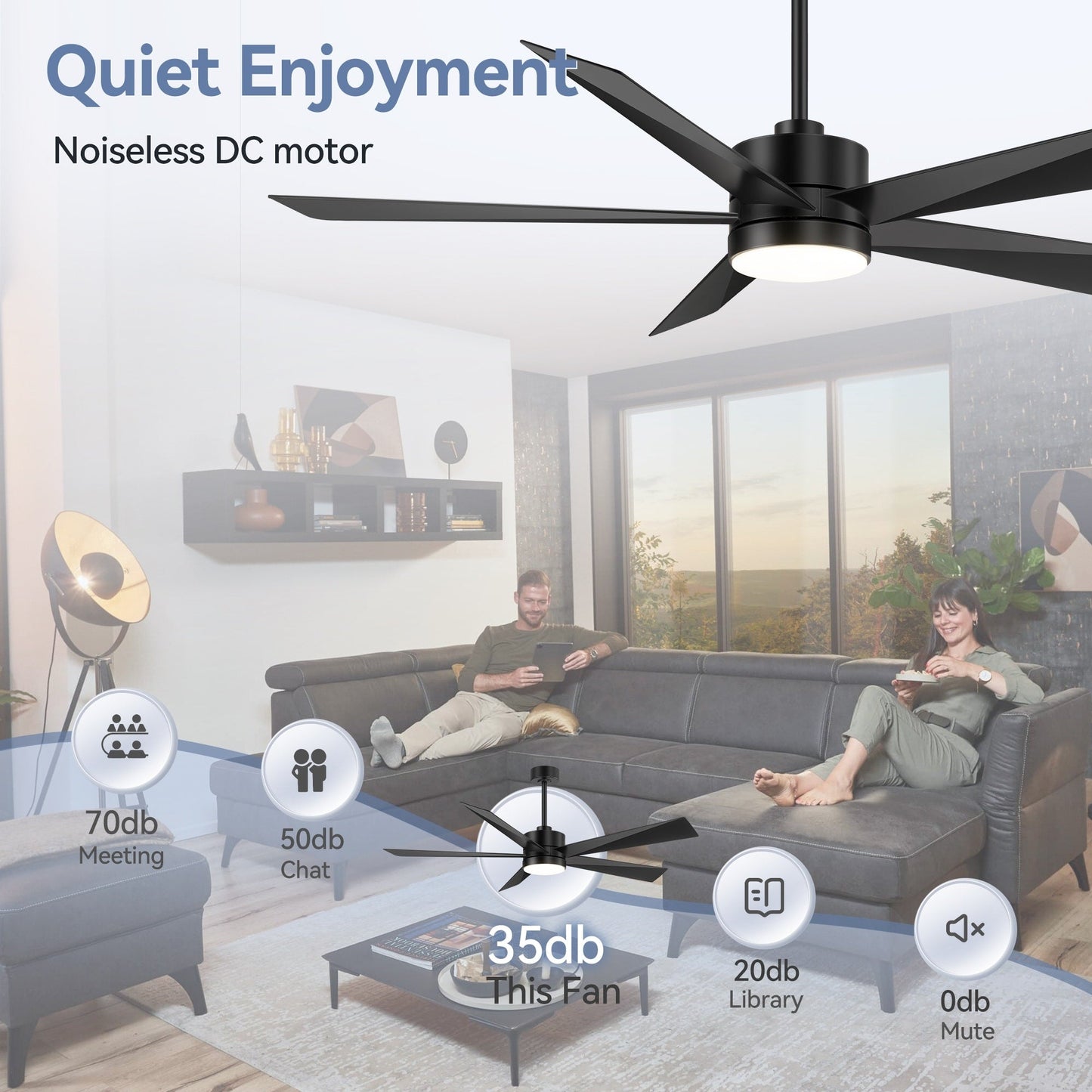 Ventilateur de plafond Breezary à 5 pales LED 65/52/42 avec kit d'éclairage et télécommande