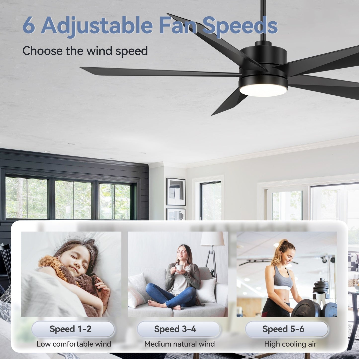 Ventilateur de plafond Breezary à 5 pales LED 65/52/42 avec kit d'éclairage et télécommande