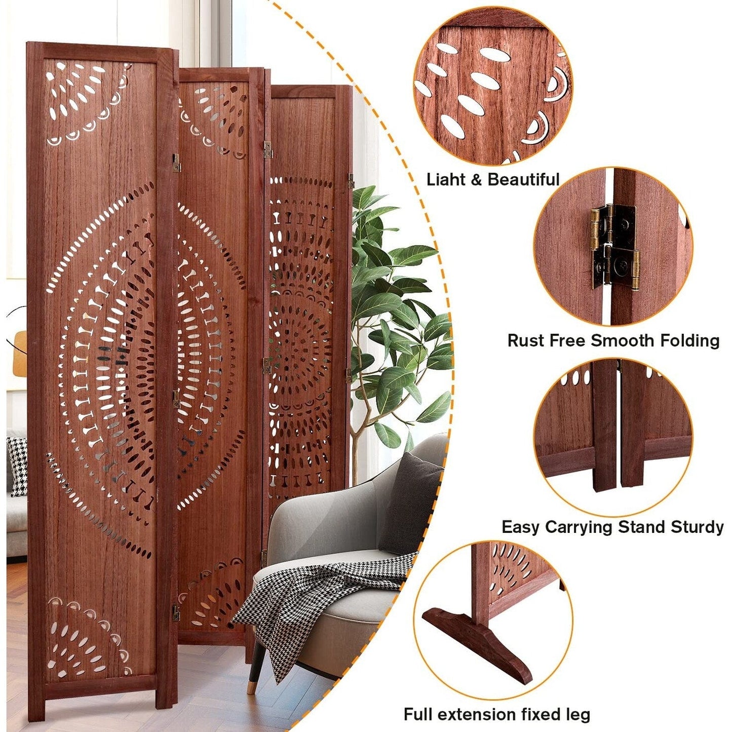 Paravent pliable en bois massif, 165 cm de hauteur