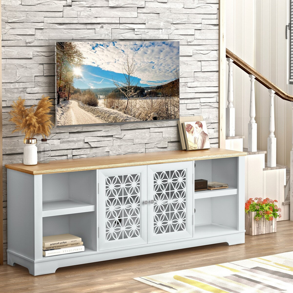 Meuble TV décoratif à motif floral rustique de 70 pouces pour téléviseurs jusqu'à 80 pouces