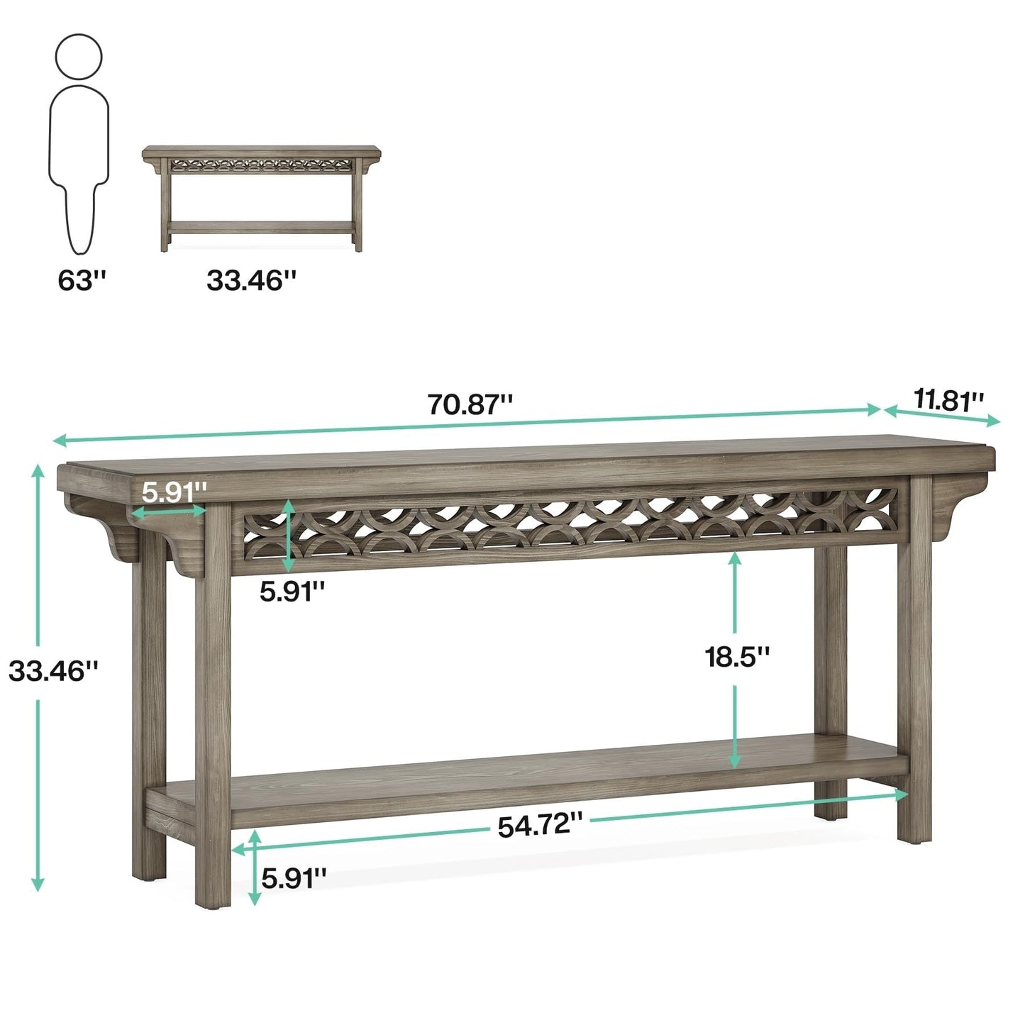 Table console longue de 179,5 cm en bois massif style farmhouse, à utiliser comme table de canapé.