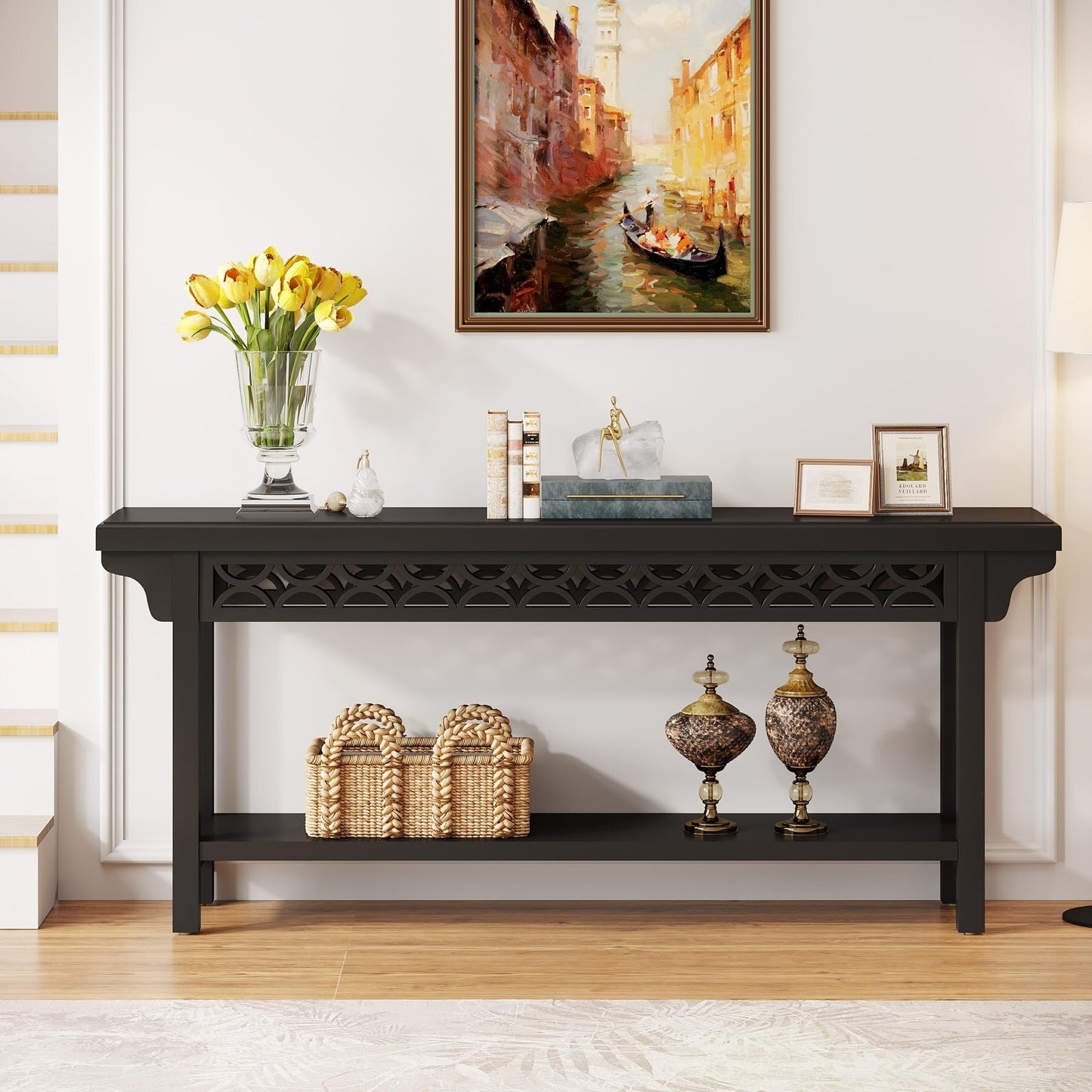 Table console longue de 179,5 cm en bois massif style farmhouse, à utiliser comme table de canapé.