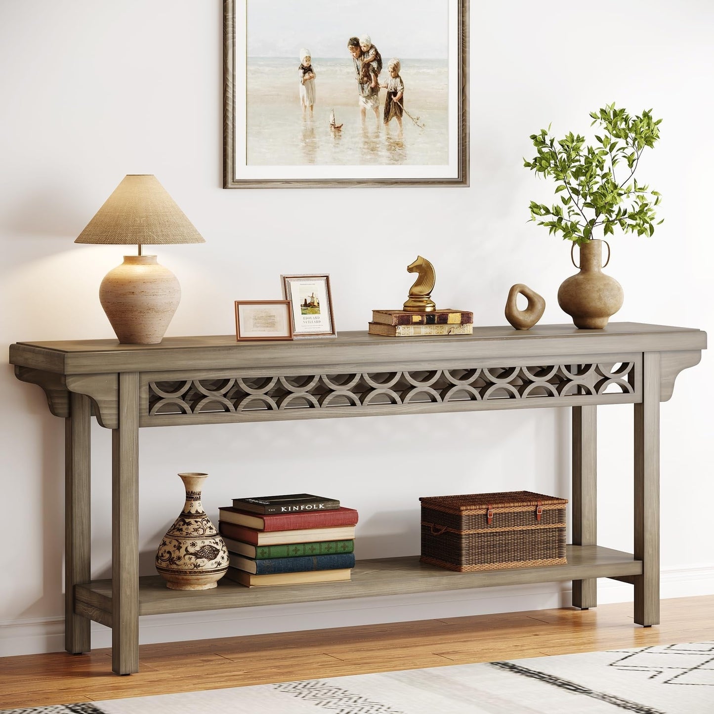Table console longue de 179,5 cm en bois massif style farmhouse, à utiliser comme table de canapé.