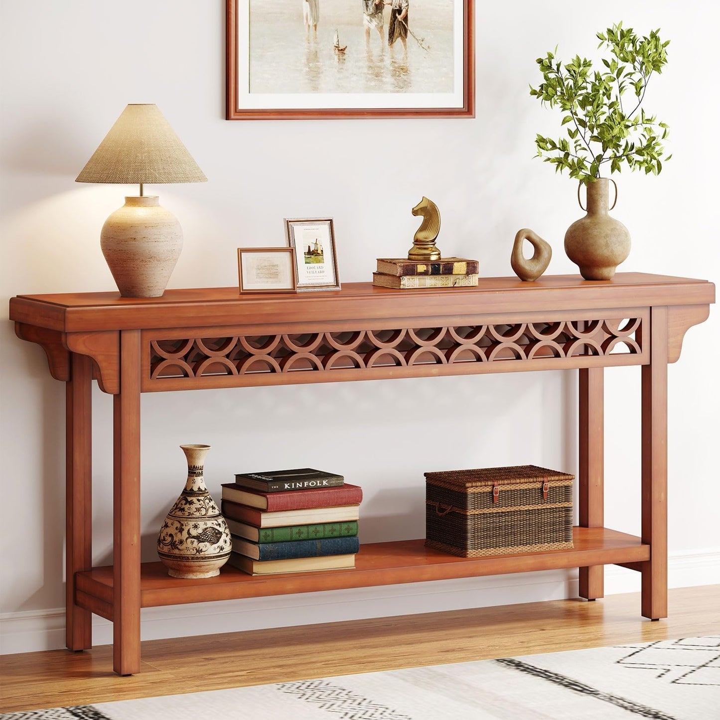 Table console longue de 179,5 cm en bois massif style farmhouse, à utiliser comme table de canapé.