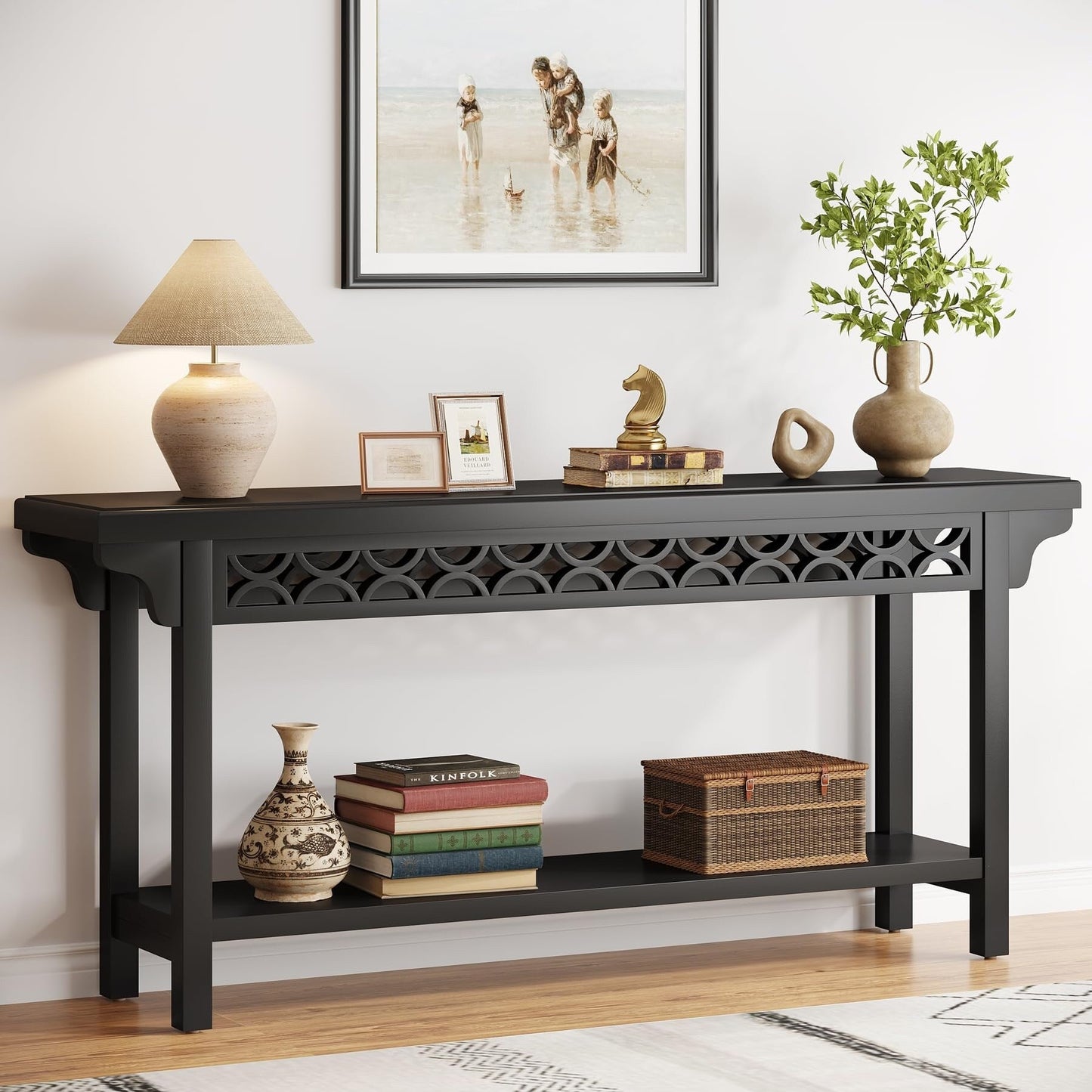 Table console longue de 179,5 cm en bois massif style farmhouse, à utiliser comme table de canapé.