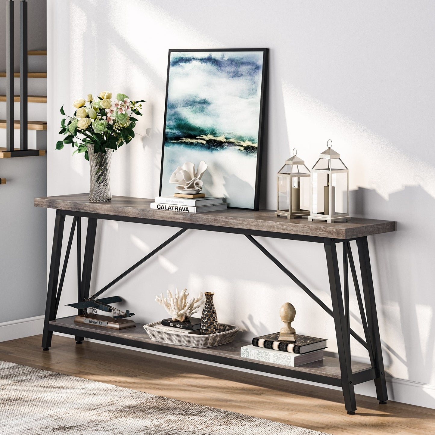 Table de salon extra longue de 180 cm, console d'entrée de style industriel