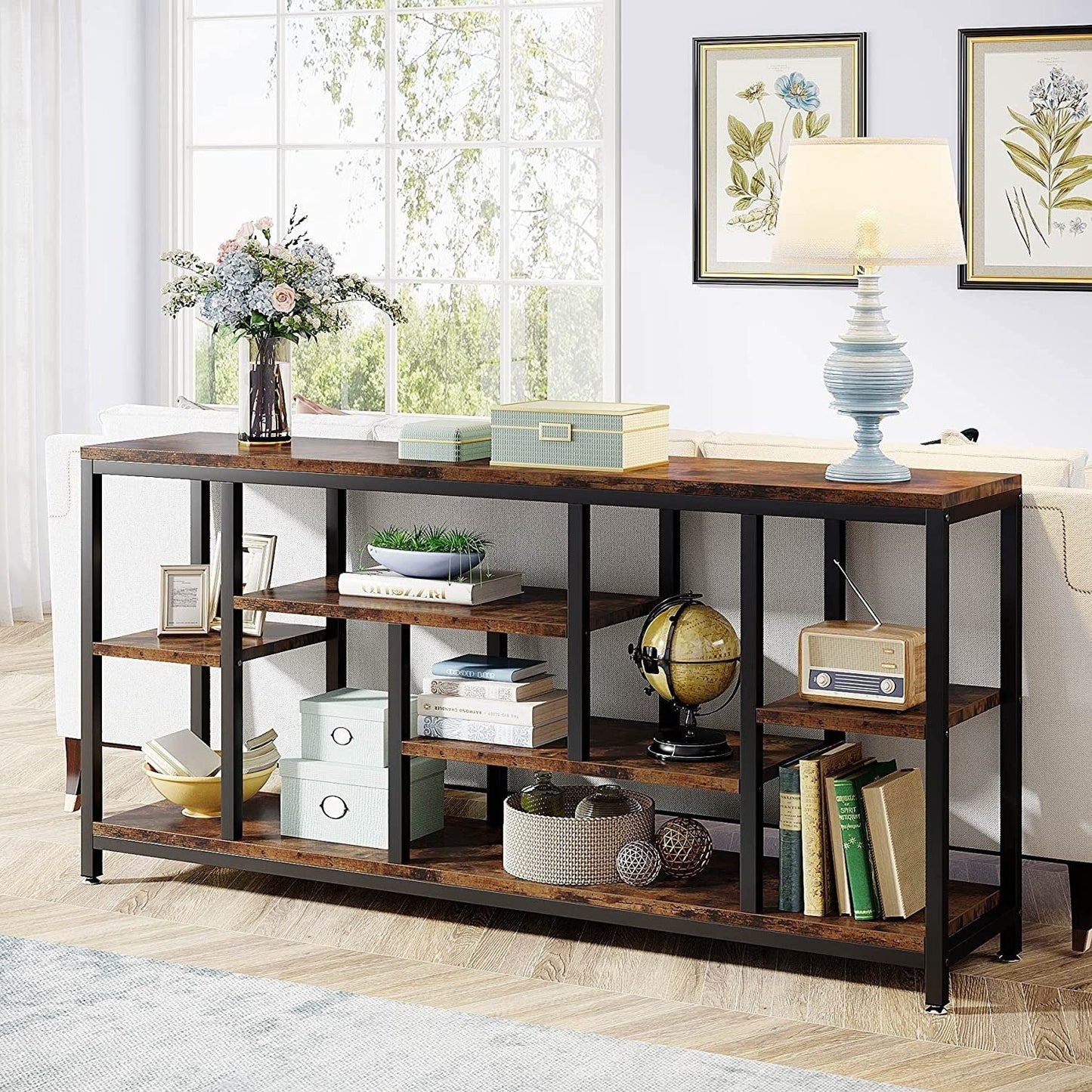 Table console de 180 cm pour canapé avec rangement, table d'entrée à 3 niveaux pour couloir