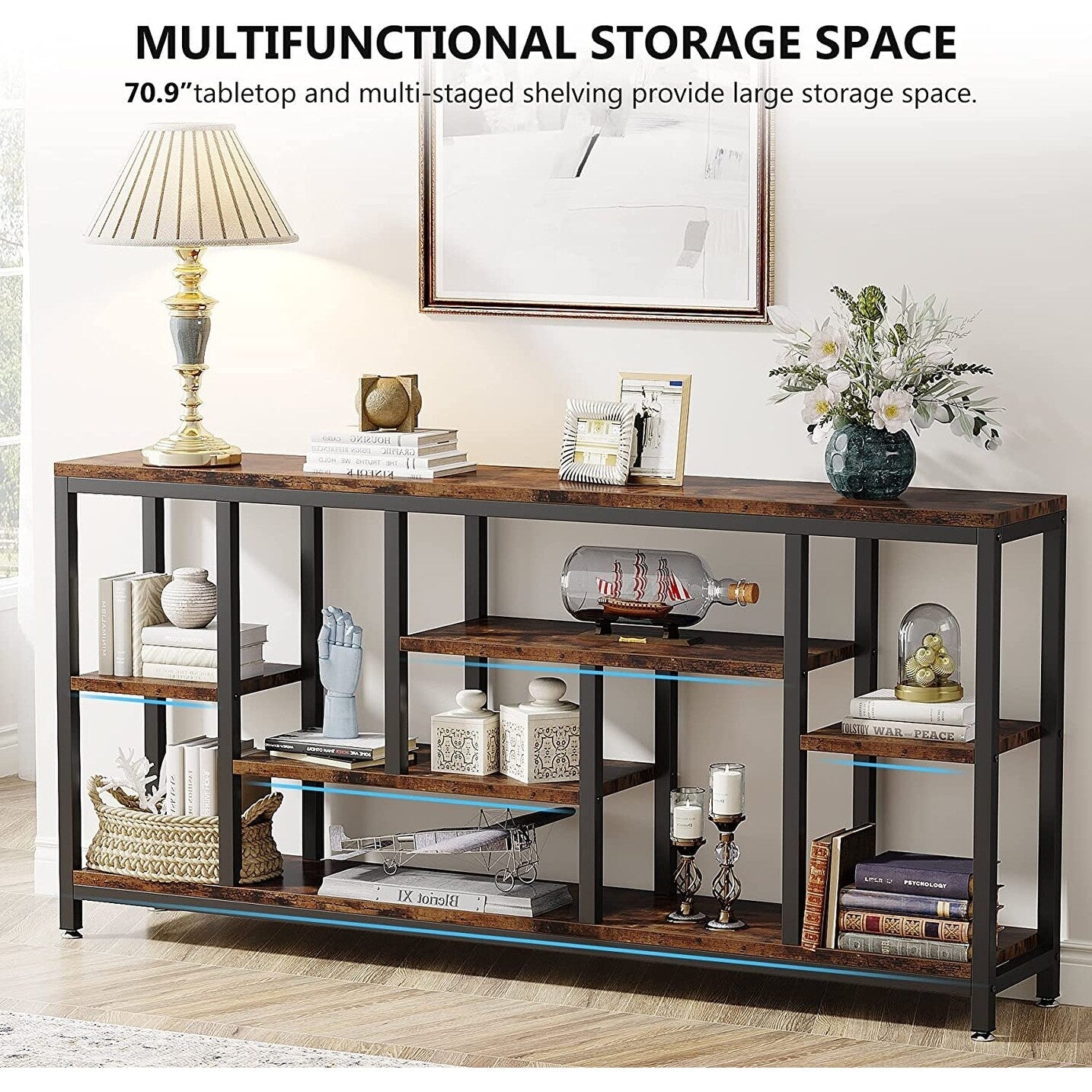 Table console de 180 cm pour canapé avec rangement, table d'entrée à 3 niveaux pour couloir