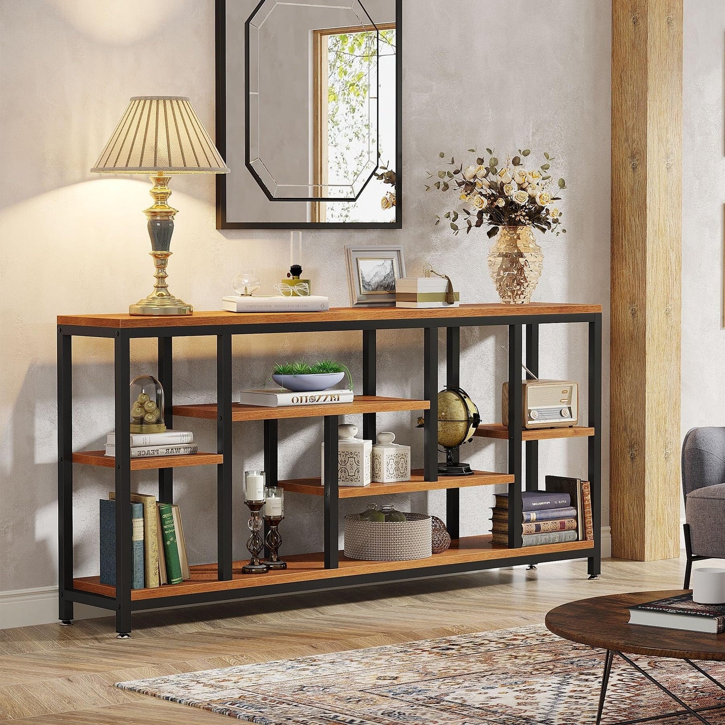 Table console de 180 cm pour canapé avec rangement, table d'entrée à 3 niveaux pour couloir