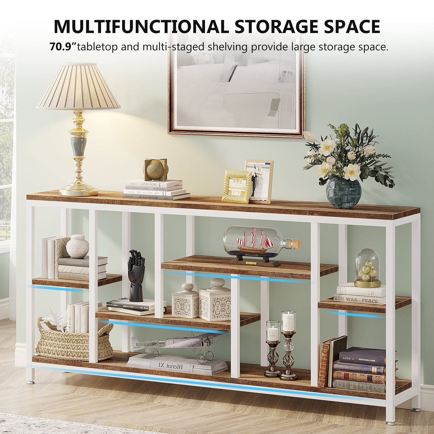 Table console de 180 cm pour canapé avec rangement, table d'entrée à 3 niveaux pour couloir