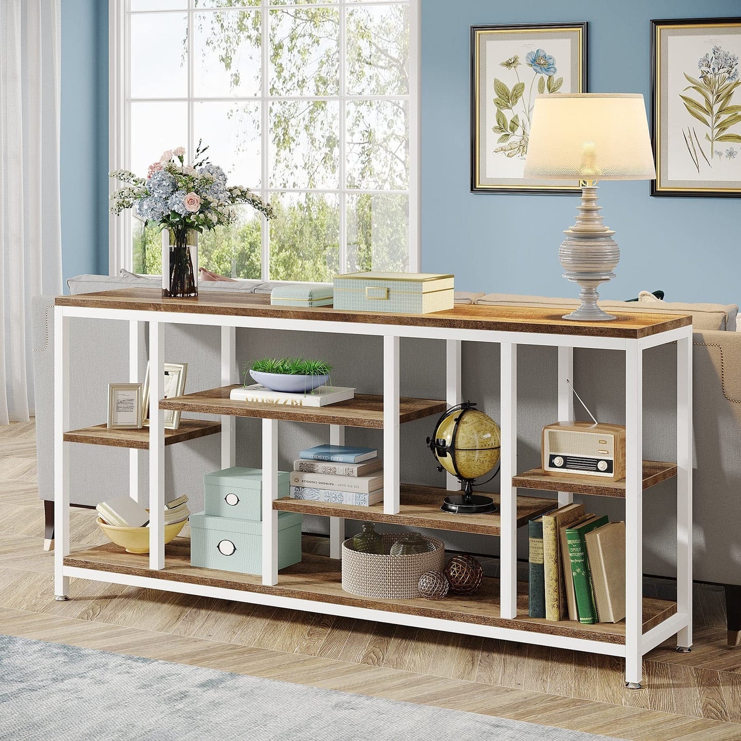 Table console de 180 cm pour canapé avec rangement, table d'entrée à 3 niveaux pour couloir