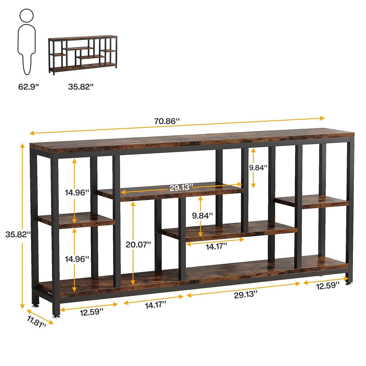 Table console de 180 cm pour canapé avec rangement, table d'entrée à 3 niveaux pour couloir