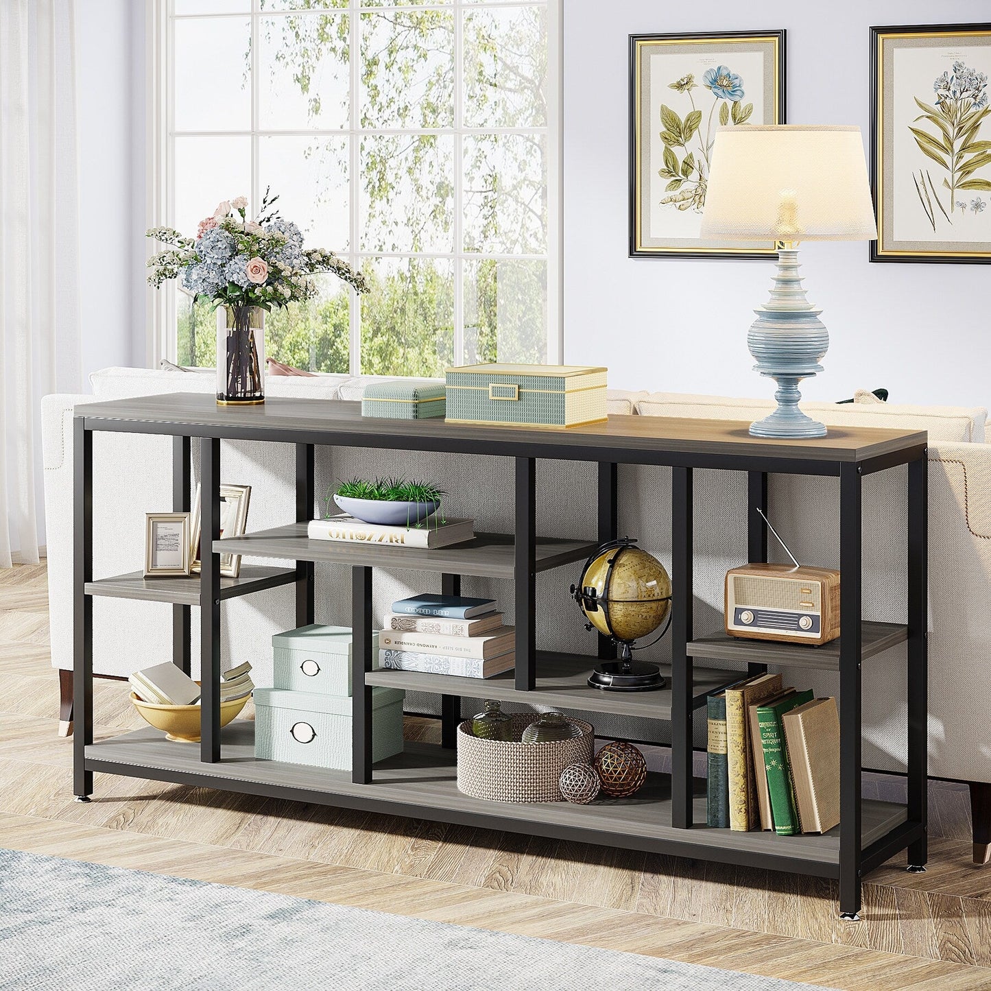 Table console de 180 cm pour canapé avec rangement, table d'entrée à 3 niveaux pour couloir