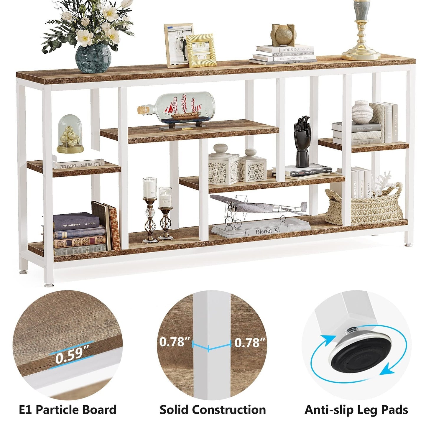 Table console de 180 cm pour canapé avec rangement, table d'entrée à 3 niveaux pour couloir