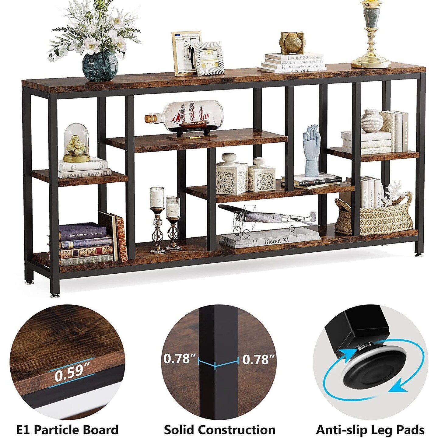 Table console de 180 cm pour canapé avec rangement, table d'entrée à 3 niveaux pour couloir