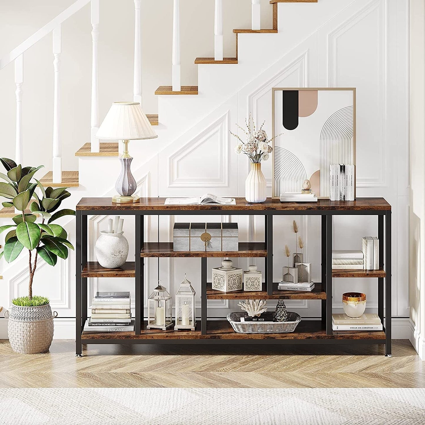 Table console de 180 cm pour canapé avec rangement, table d'entrée à 3 niveaux pour couloir