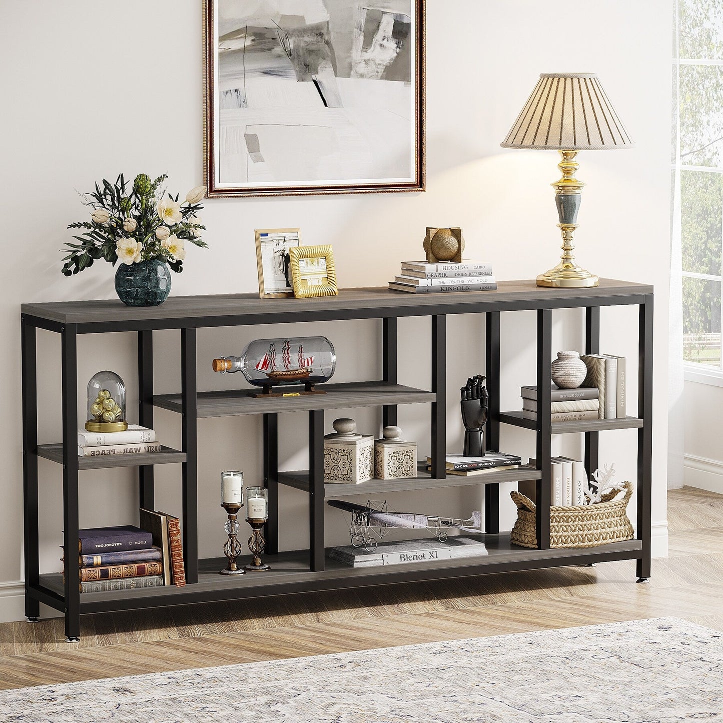 Table console de 180 cm pour canapé avec rangement, table d'entrée à 3 niveaux pour couloir