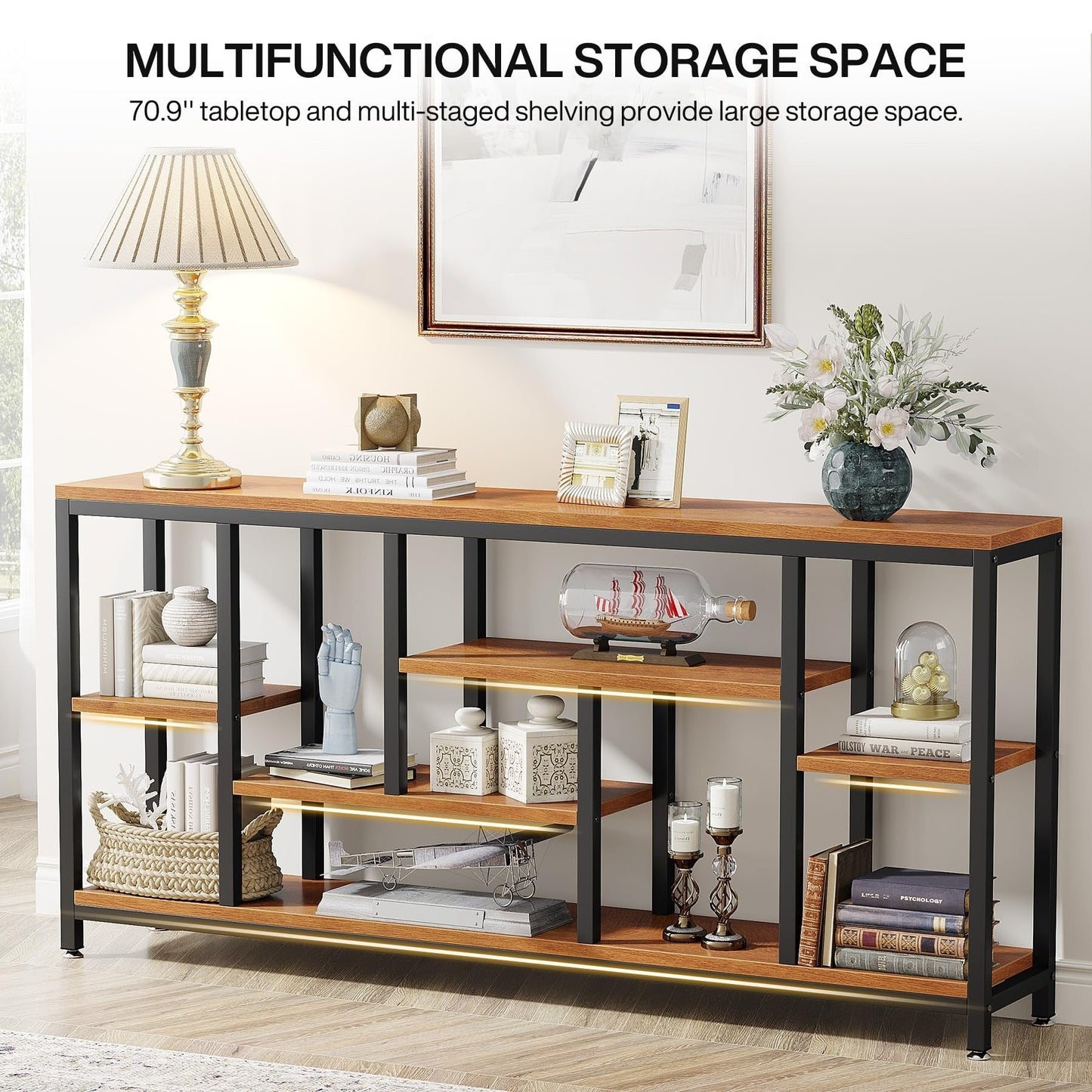 Table console de 180 cm pour canapé avec rangement, table d'entrée à 3 niveaux pour couloir