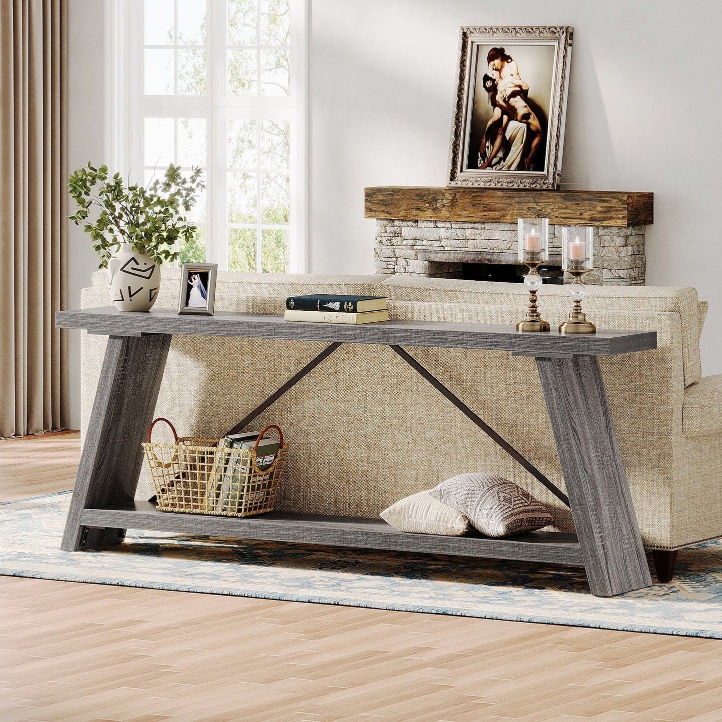 Table console de canapé en bois rustique de 180 cm de long avec étagère de rangement