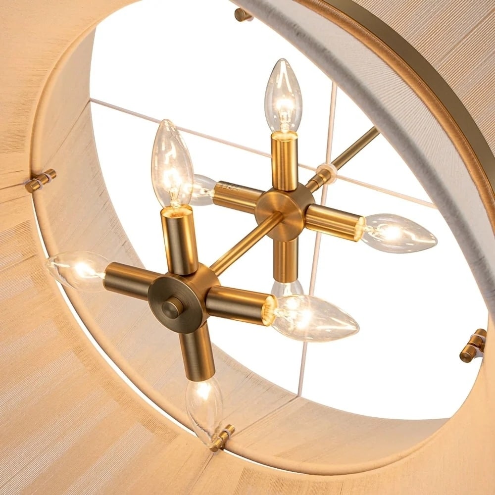 Grand lustre tambour bohème moderne à 8 lumières, 60 cm (24 pouces), en tissu, en forme de sablier, tissé à la main, en or/noir, pour salle à manger/salon.