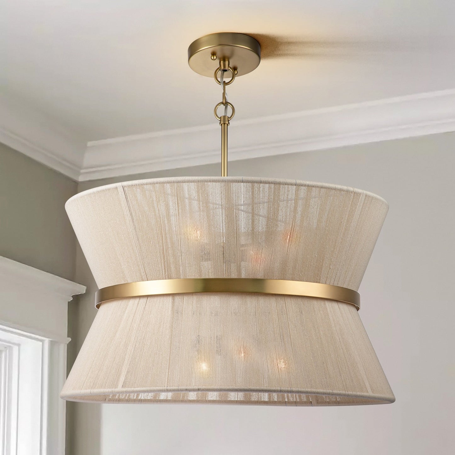 Grand lustre tambour bohème moderne à 8 lumières, 60 cm (24 pouces), en tissu, en forme de sablier, tissé à la main, en or/noir, pour salle à manger/salon.