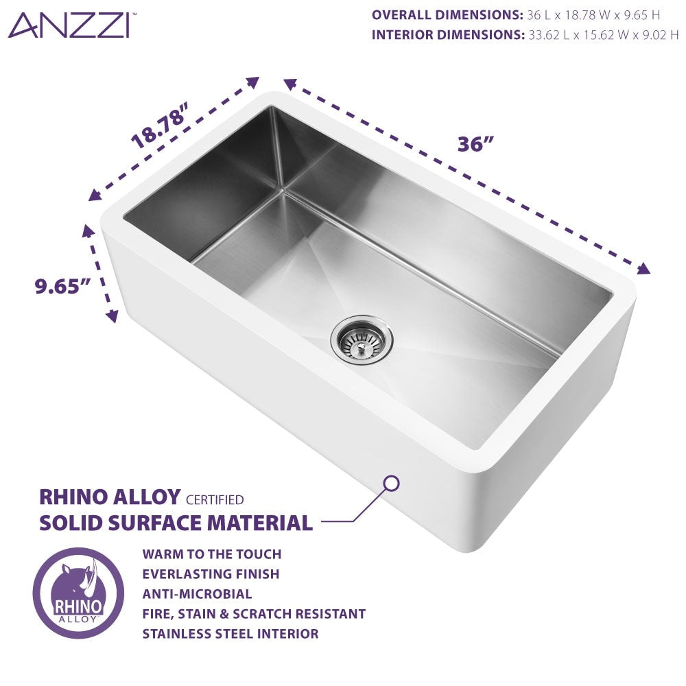 ANZZI Apollo Évier de cuisine de style farmhouse en surface solide blanche mate, 36 po, à simple cuve avec intérieur en acier inoxydable