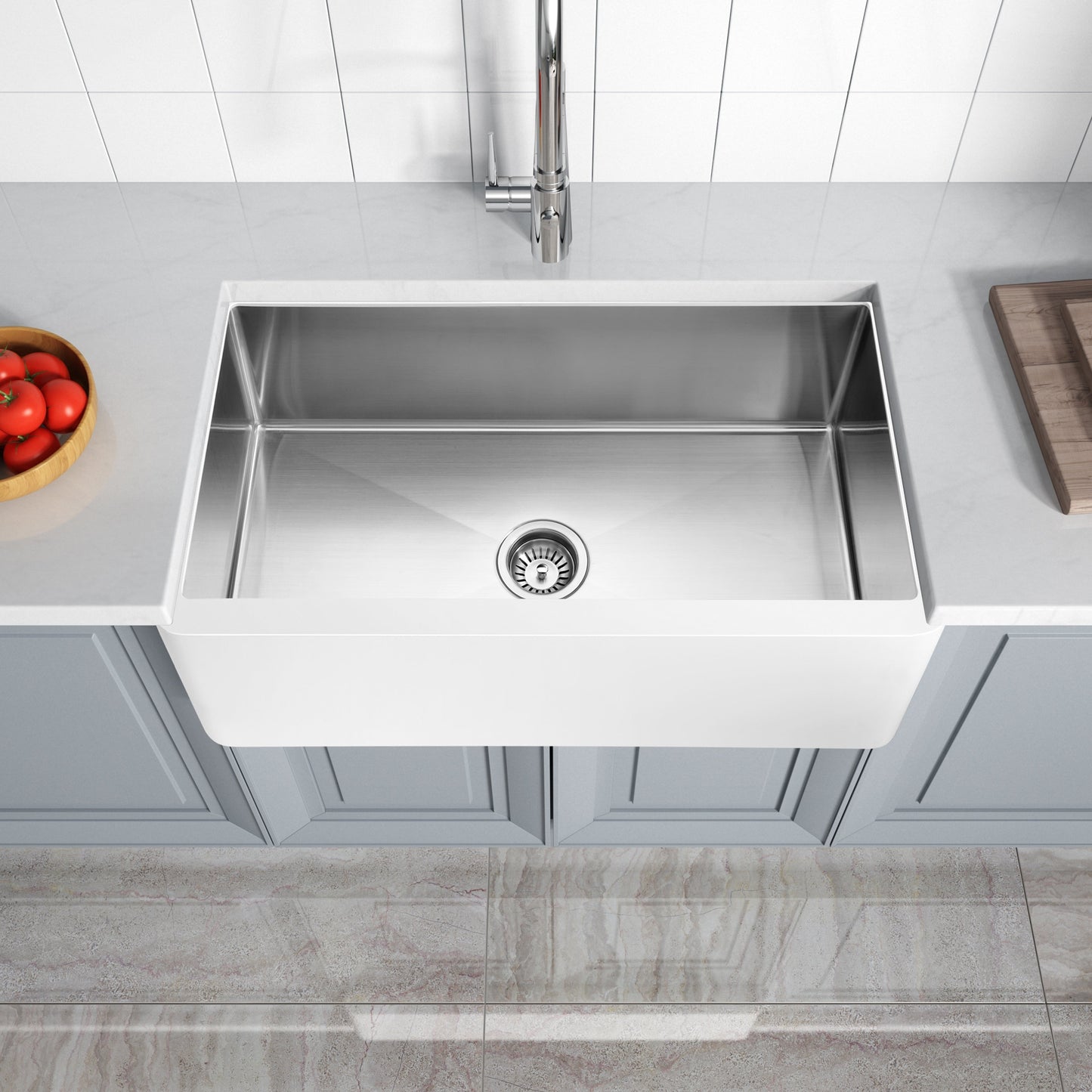 ANZZI Apollo Évier de cuisine de style farmhouse en surface solide blanche mate, 36 po, à simple cuve avec intérieur en acier inoxydable