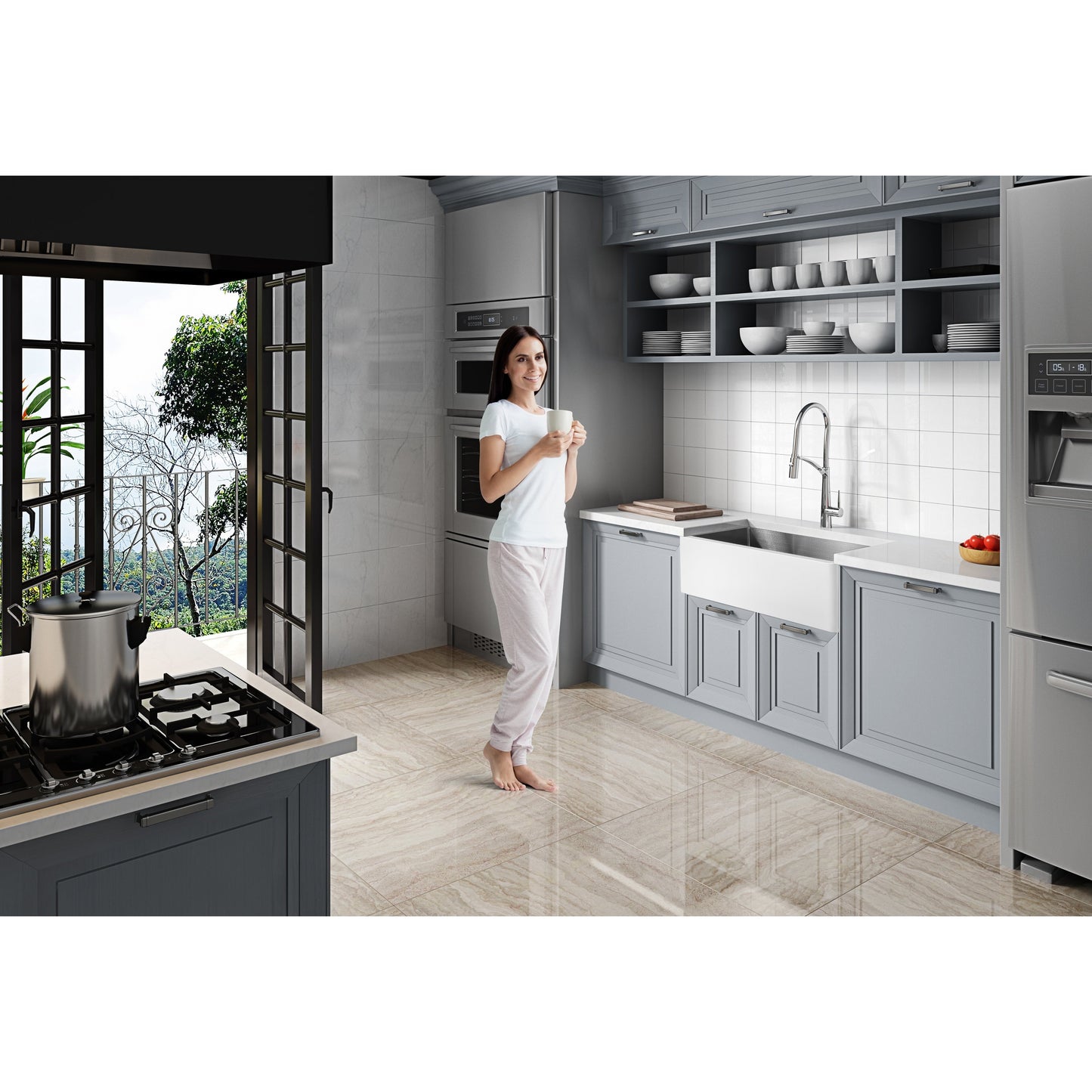 ANZZI Apollo Évier de cuisine de style farmhouse en surface solide blanche mate, 36 po, à simple cuve avec intérieur en acier inoxydable