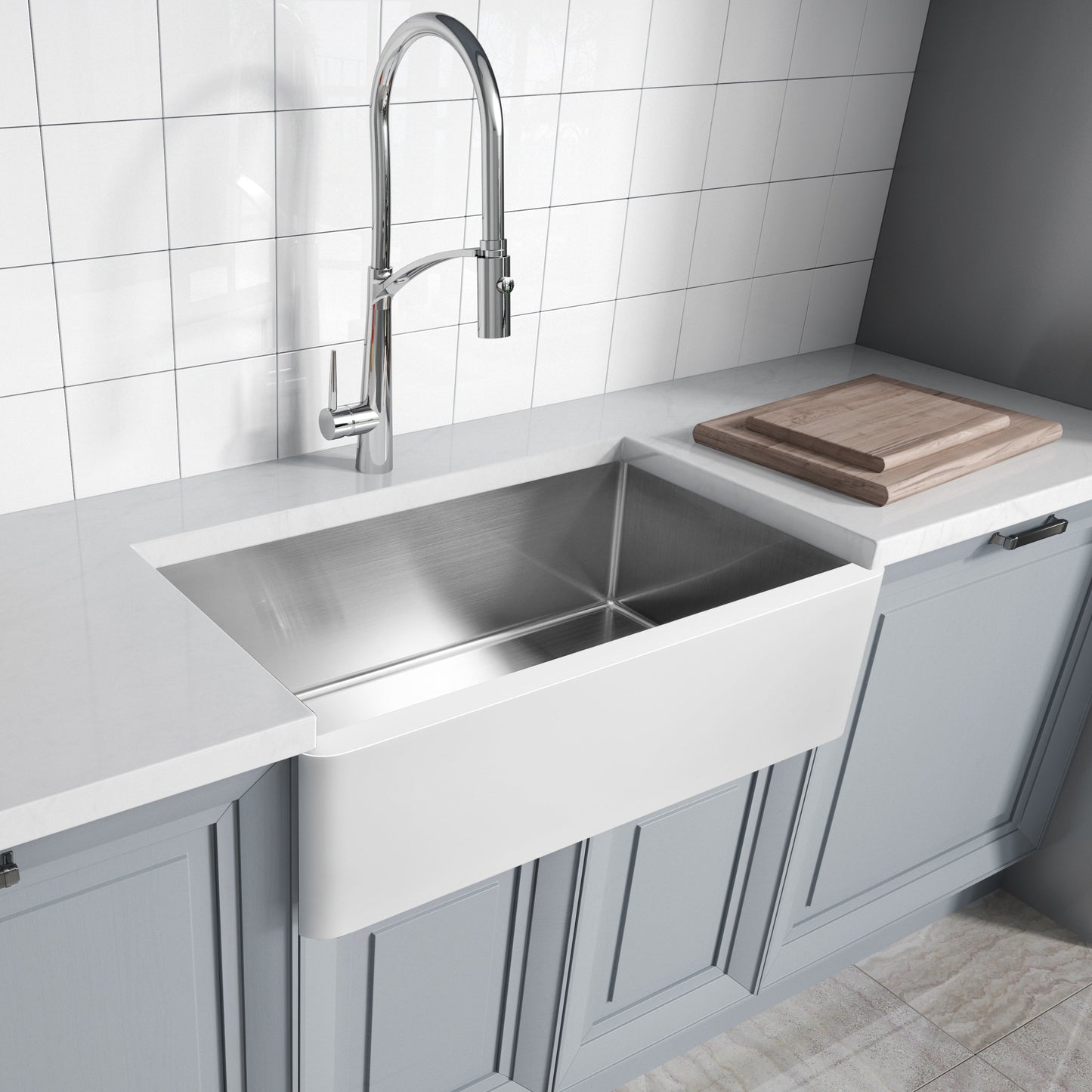 ANZZI Apollo Évier de cuisine de style farmhouse en surface solide blanche mate, 36 po, à simple cuve avec intérieur en acier inoxydable