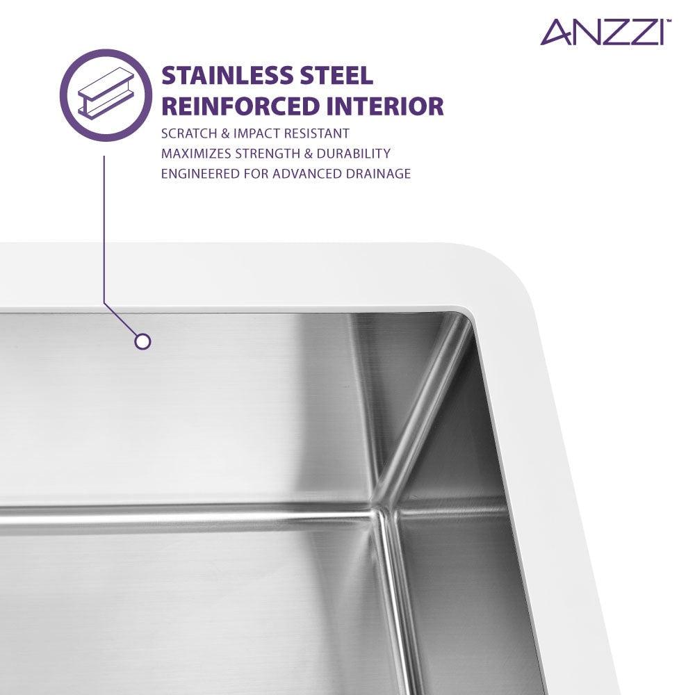 ANZZI Apollo Évier de cuisine de style farmhouse en surface solide blanche mate, 36 po, à simple cuve avec intérieur en acier inoxydable