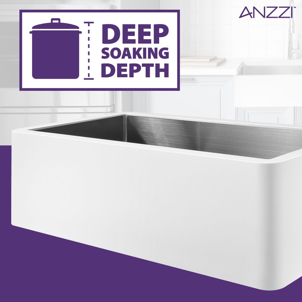 ANZZI Apollo Évier de cuisine de style farmhouse en surface solide blanche mate, 36 po, à simple cuve avec intérieur en acier inoxydable