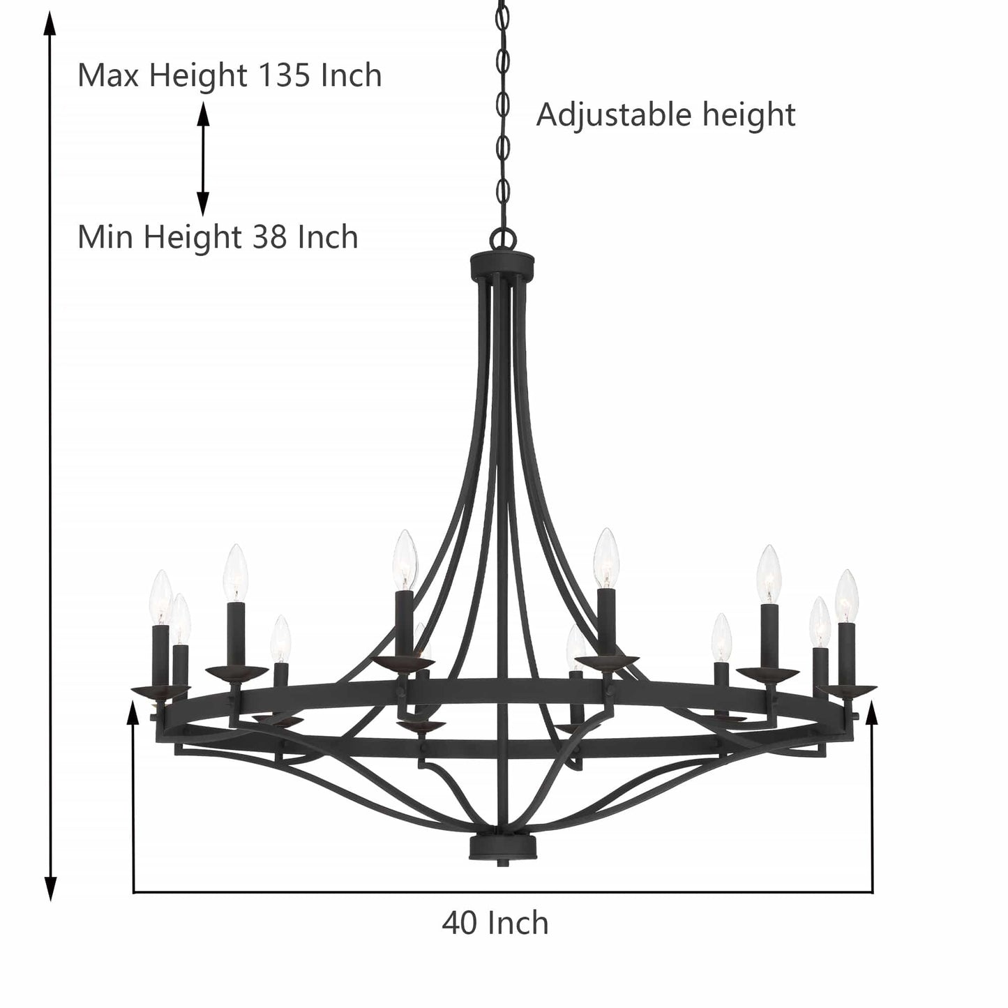 Luminaire à suspension Fidenza à 12 lumières, style ferme moderne, en forme de roue de charrette, avec certification UL - D40'' * H135''