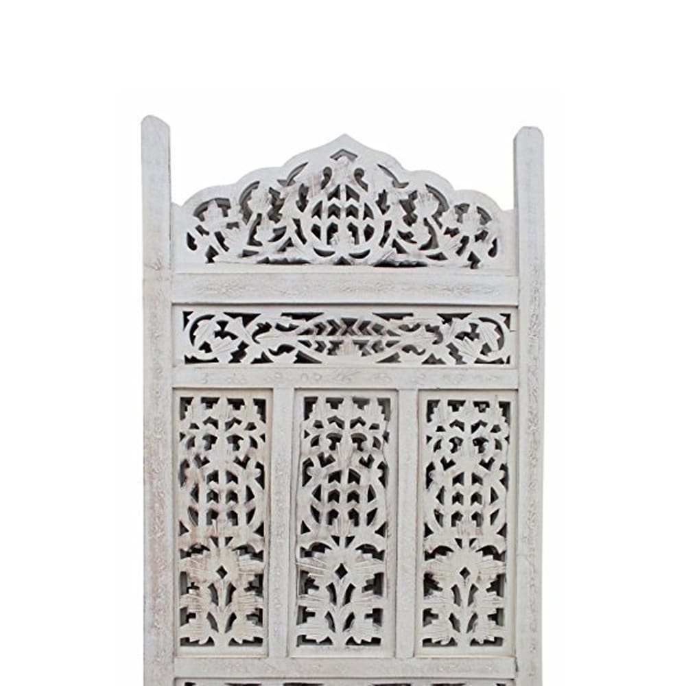 Paravent/Diviseur de pièce en bois à 4 panneaux, sculpté avec goût, blanc vieilli.