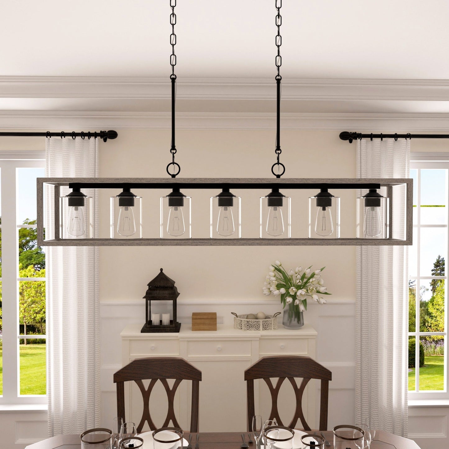 Suspension rectangulaire à 7 lumières Allegray de 52 pouces, style farmhouse, pour îlot de cuisine