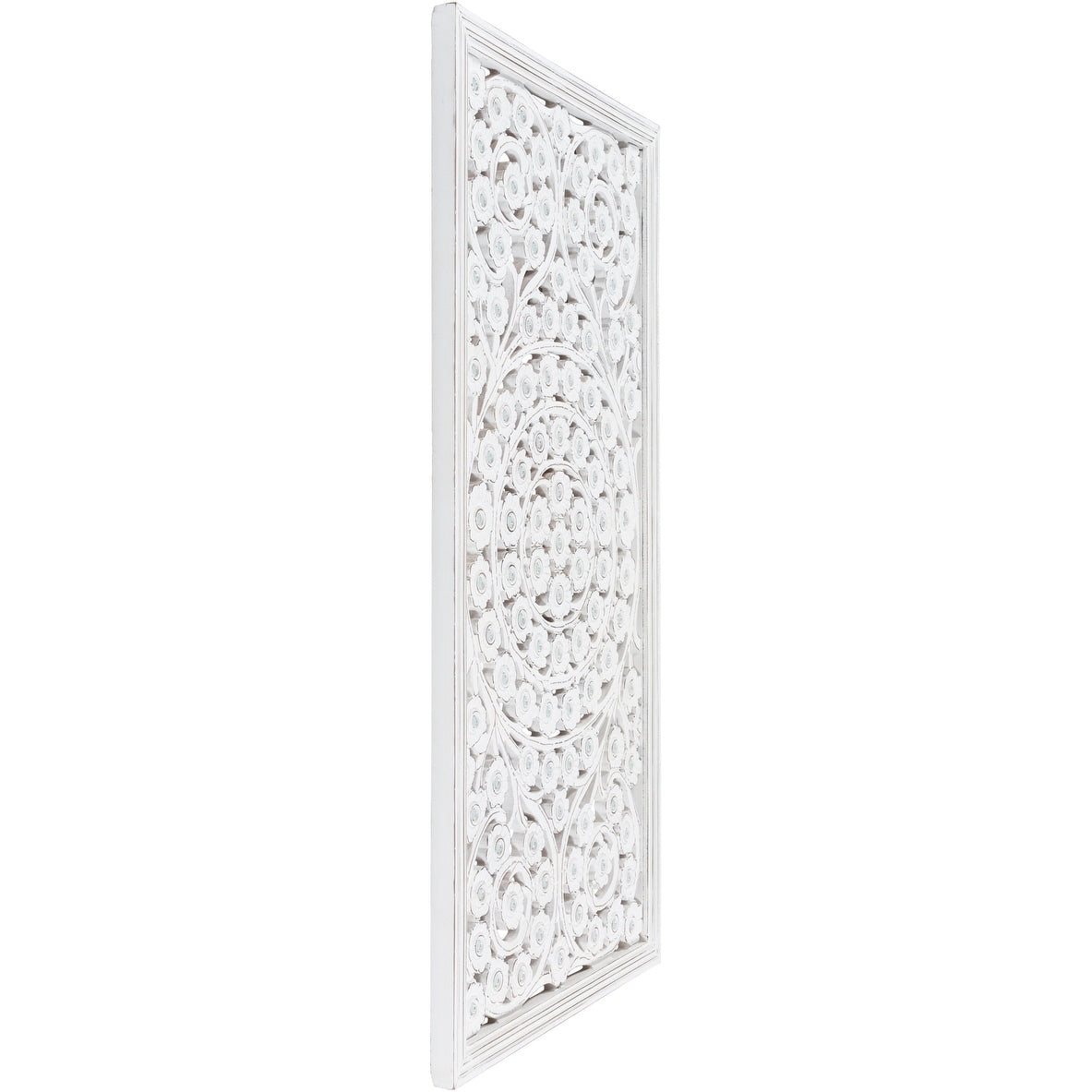 Panneau mural Allen en bois blanchi, sculpté à la main, avec incrustation de miroir, 48x28 pouces