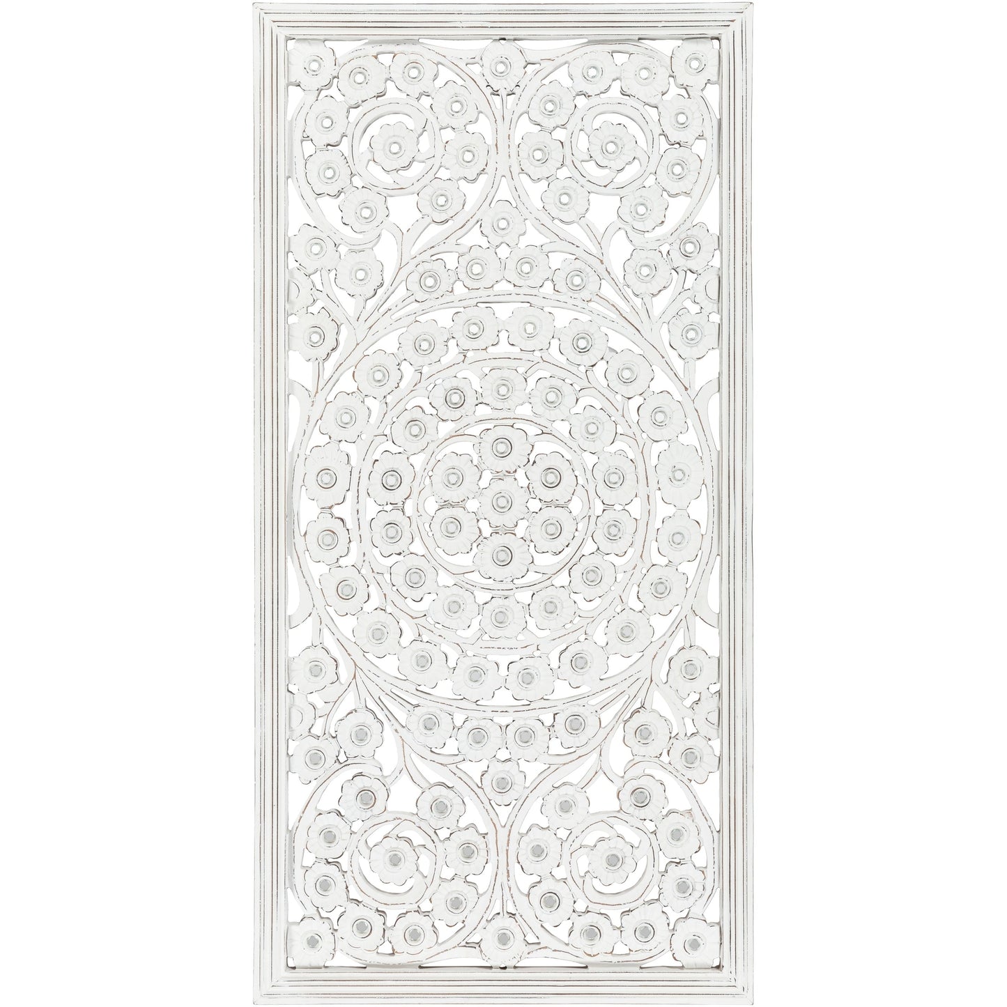 Panneau mural Allen en bois blanchi, sculpté à la main, avec incrustation de miroir, 48x28 pouces