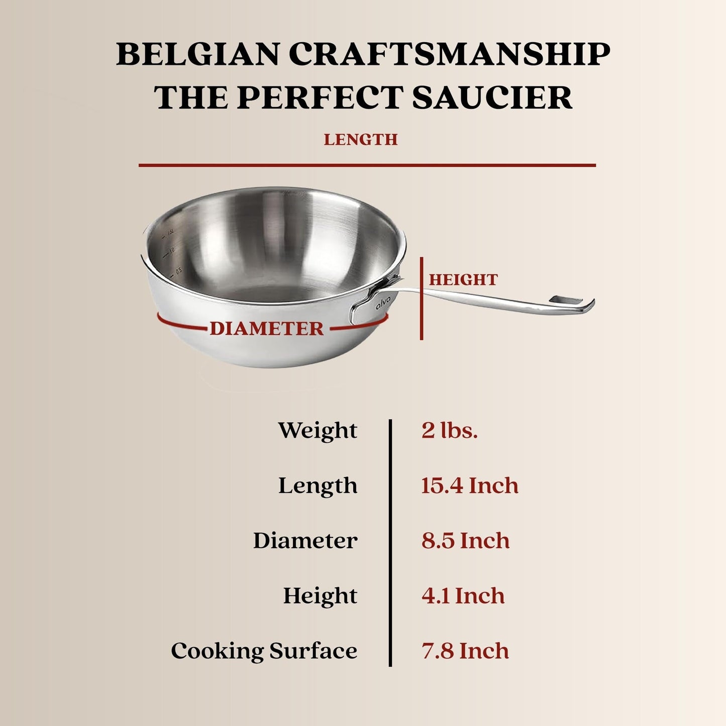 Casserole à sauce Alva Maestro en acier inoxydable 5 plis - 1,6 Qt. Non toxique