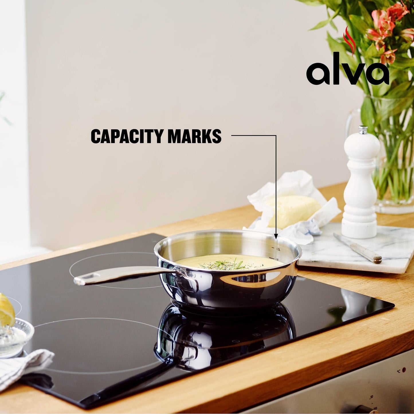 Casserole à sauce Alva Maestro en acier inoxydable 5 plis - 1,6 Qt. Non toxique