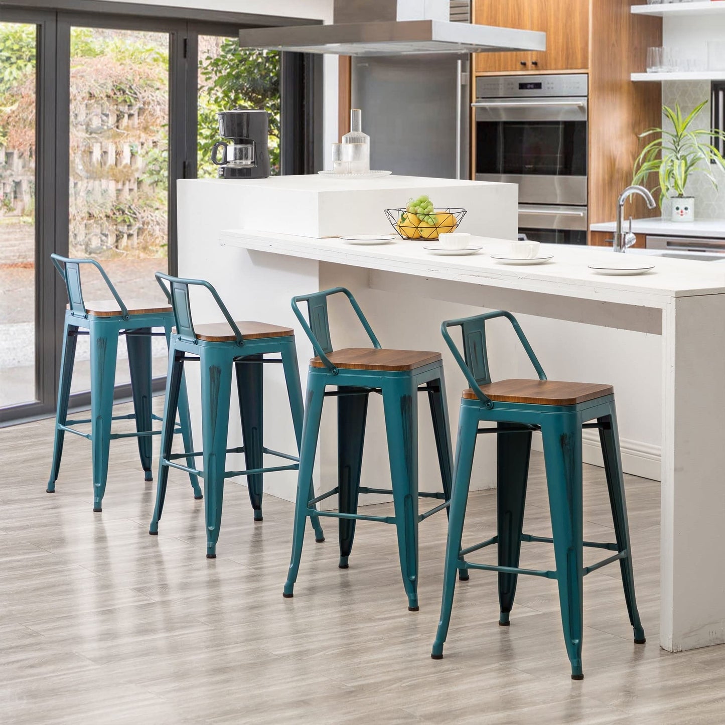 Tabourets de bar avec dossier, lot de 4, tabourets de bar industriels en métal avec assises en bois
