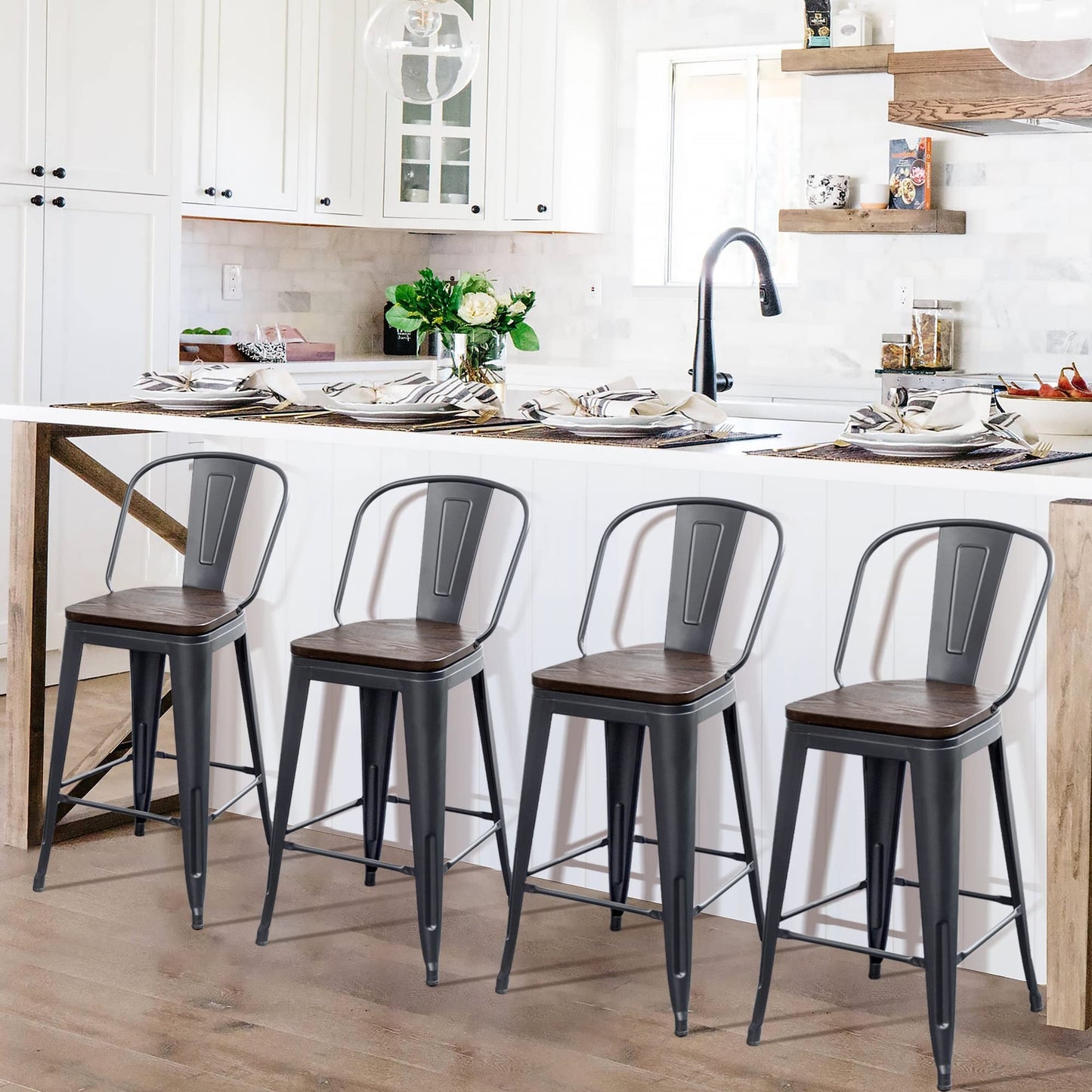 Tabourets de bar Andeworld style farmhouse, tabourets de bar hauteur comptoir, lot de 4 - Lot de 4