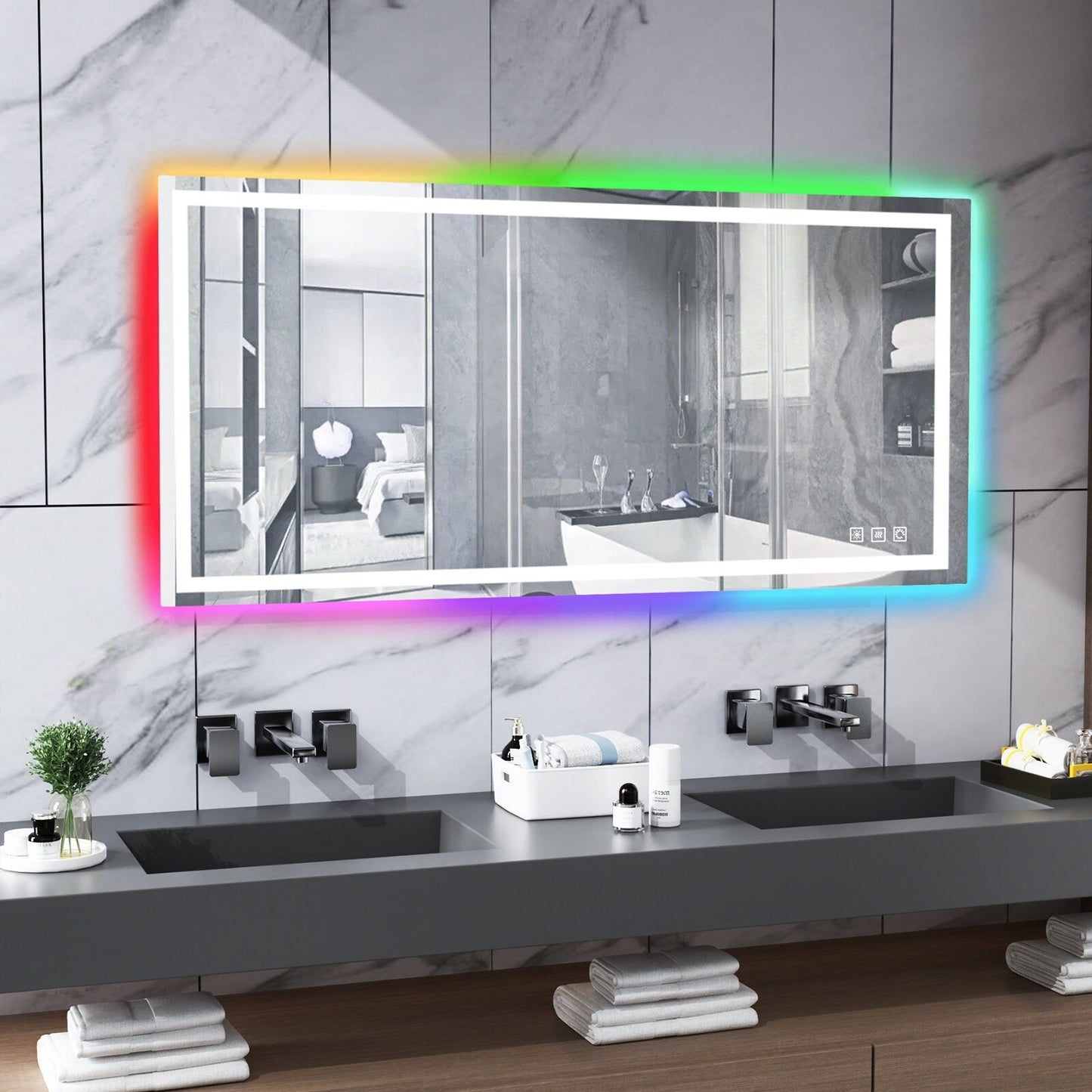 Miroir de salle de bain antibuée avec rétroéclairage RGB et éclairage LED frontal