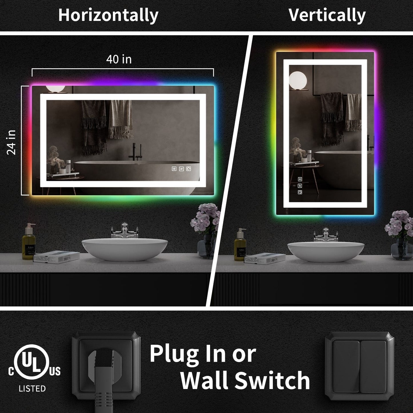 Miroir de salle de bain antibuée avec rétroéclairage RGB et éclairage LED frontal
